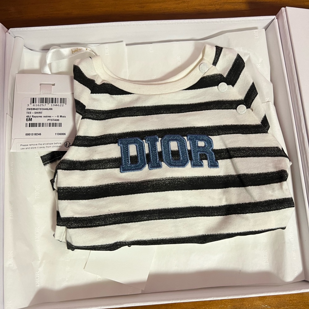 Brand New Dior Baby Long Sleeve T-Shirt Ivory Cotton Jersey with Black Stripes